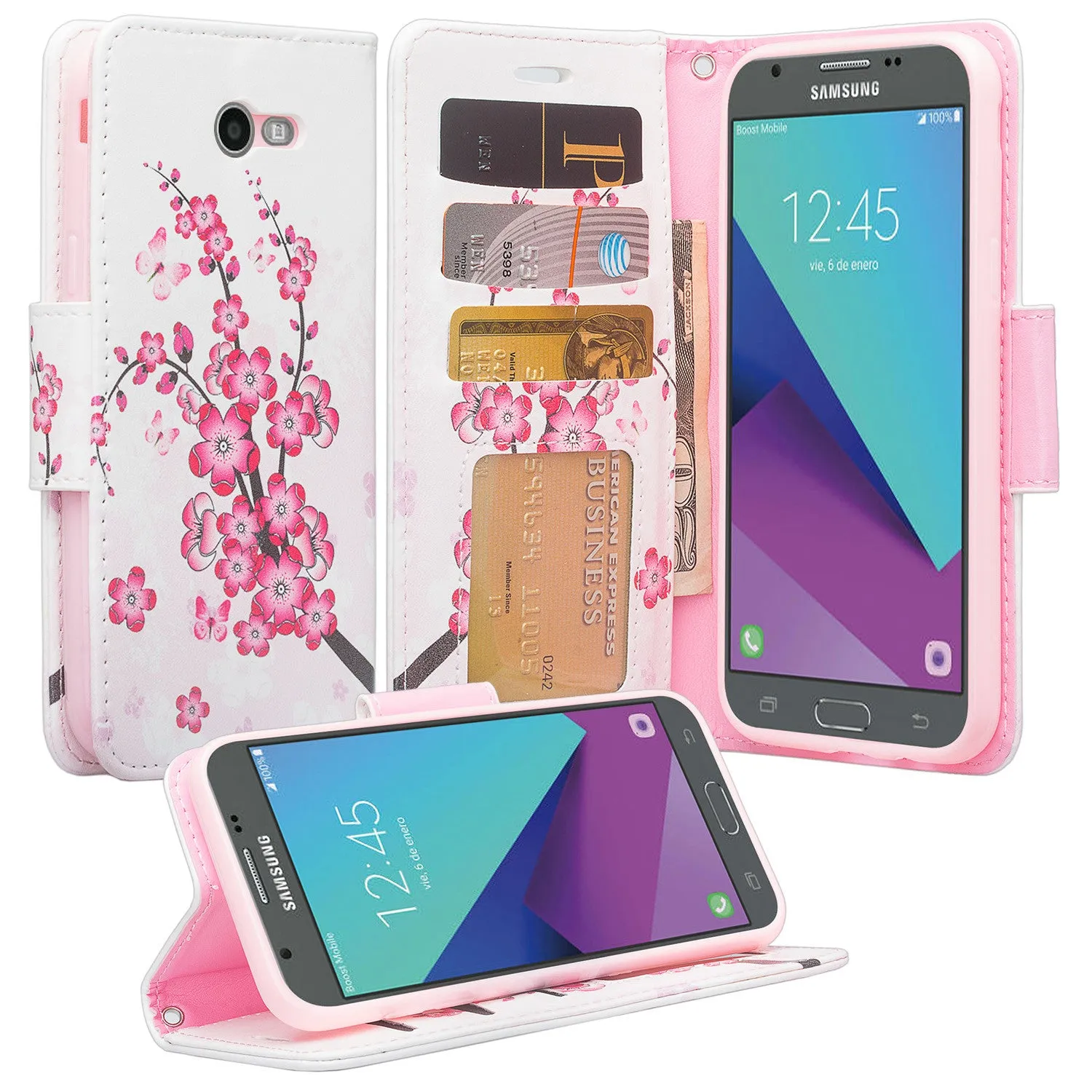 Galaxy J3 Emerge Case, Wrist Strap Magnetic Fold[Kickstand] Pu Leather Wallet Case with ID & Credit Card Slots for Samsung Galaxy J3 Emerge - Cherry Blossom