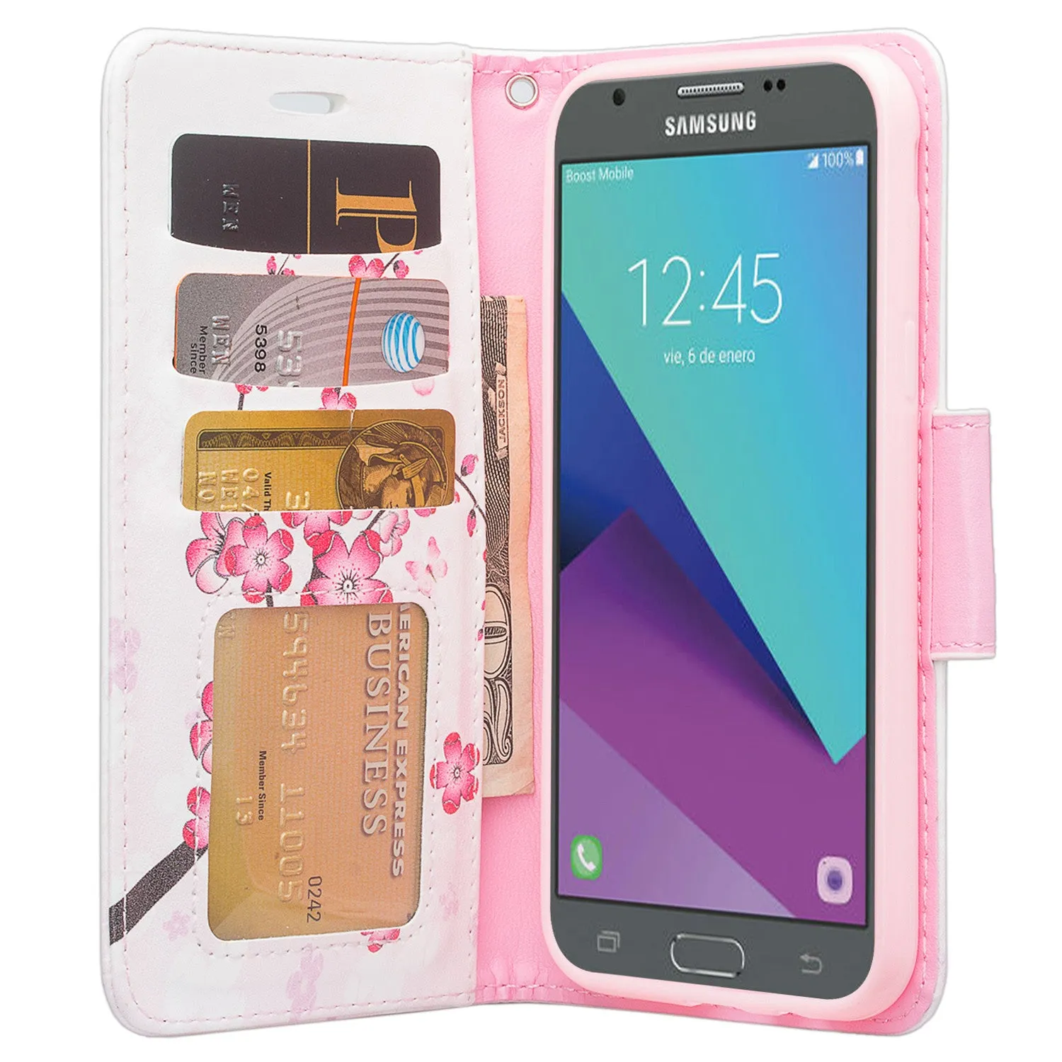 Galaxy J3 Emerge Case, Wrist Strap Magnetic Fold[Kickstand] Pu Leather Wallet Case with ID & Credit Card Slots for Samsung Galaxy J3 Emerge - Cherry Blossom