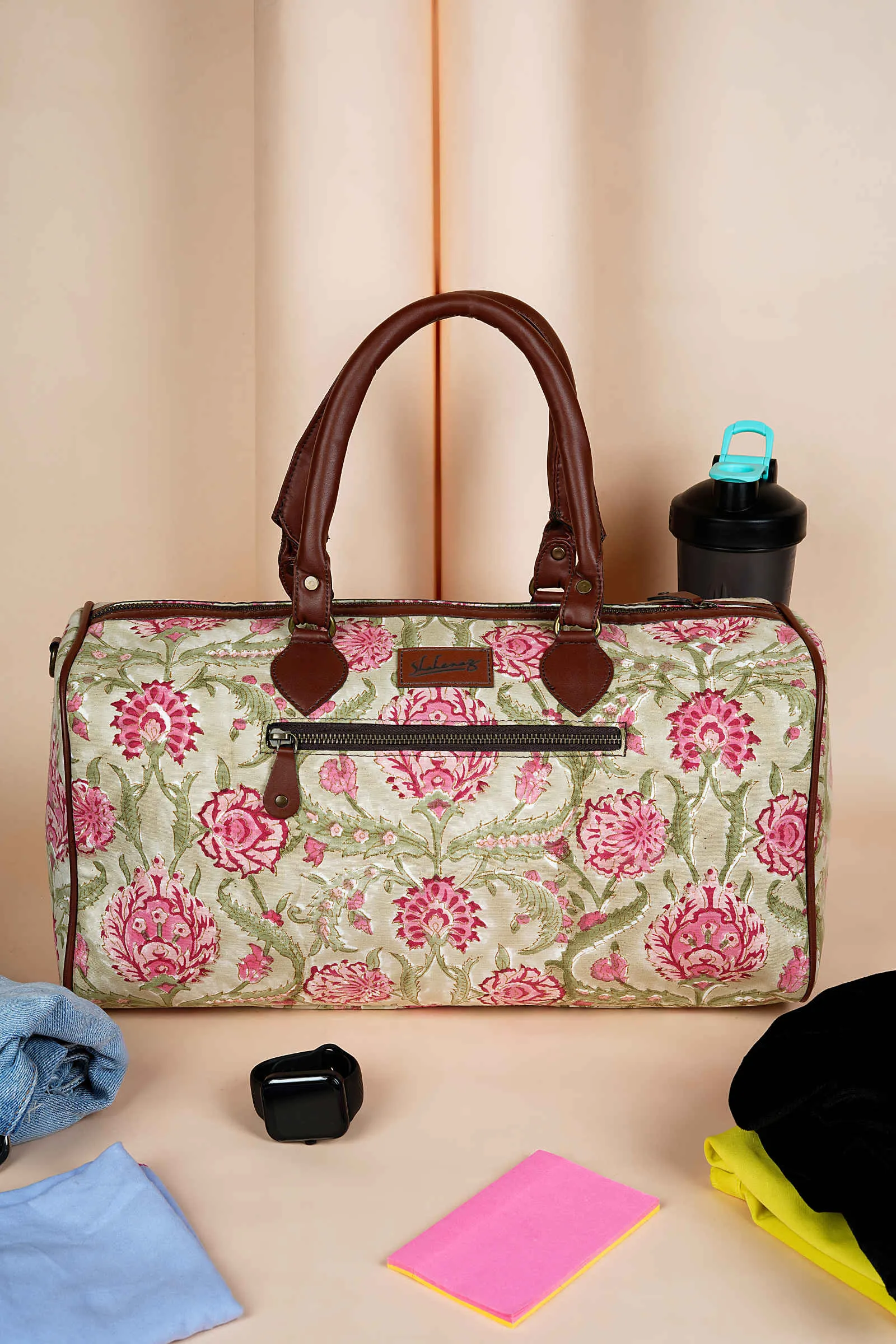 Geneva Garden Hand Block Printed Olive Duffle Bag