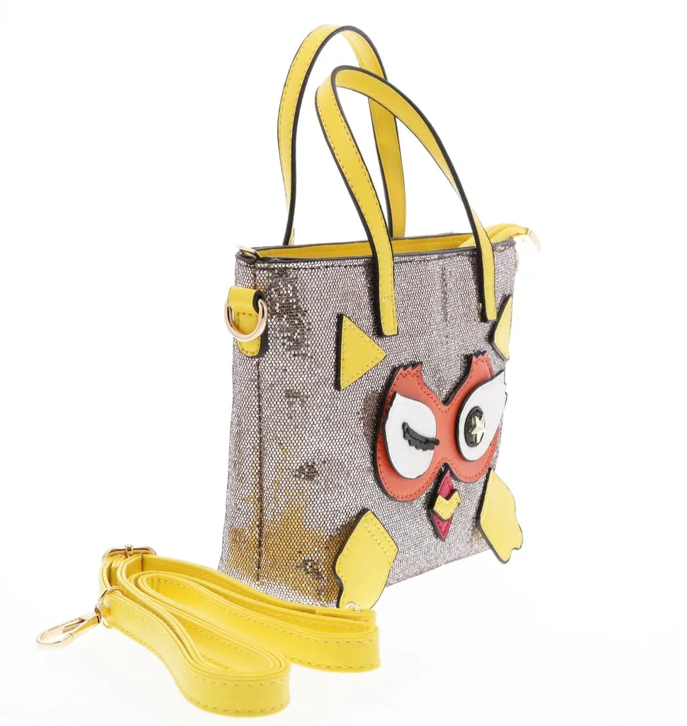 GLITTER TOP HANDLE PURSE WITH WINKING OWL