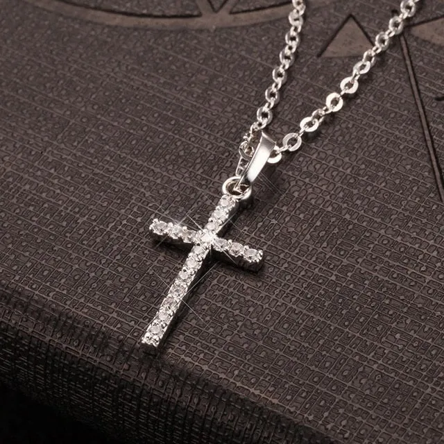 Gold Silver Color Crystal Cross Pendant Necklace