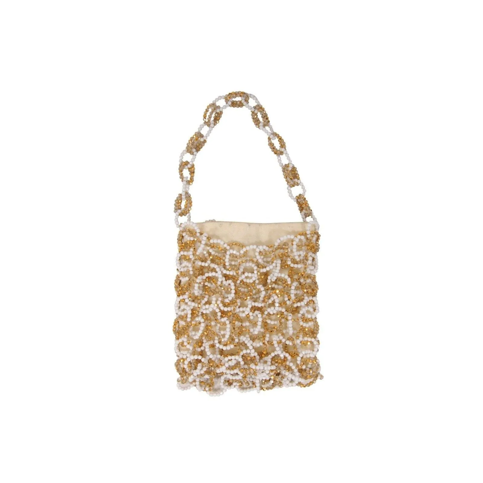 Gold White Beaded Vintage Mini Shoulder Tote Bag Purse