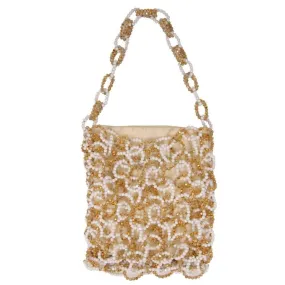 Gold White Beaded Vintage Mini Shoulder Tote Bag Purse