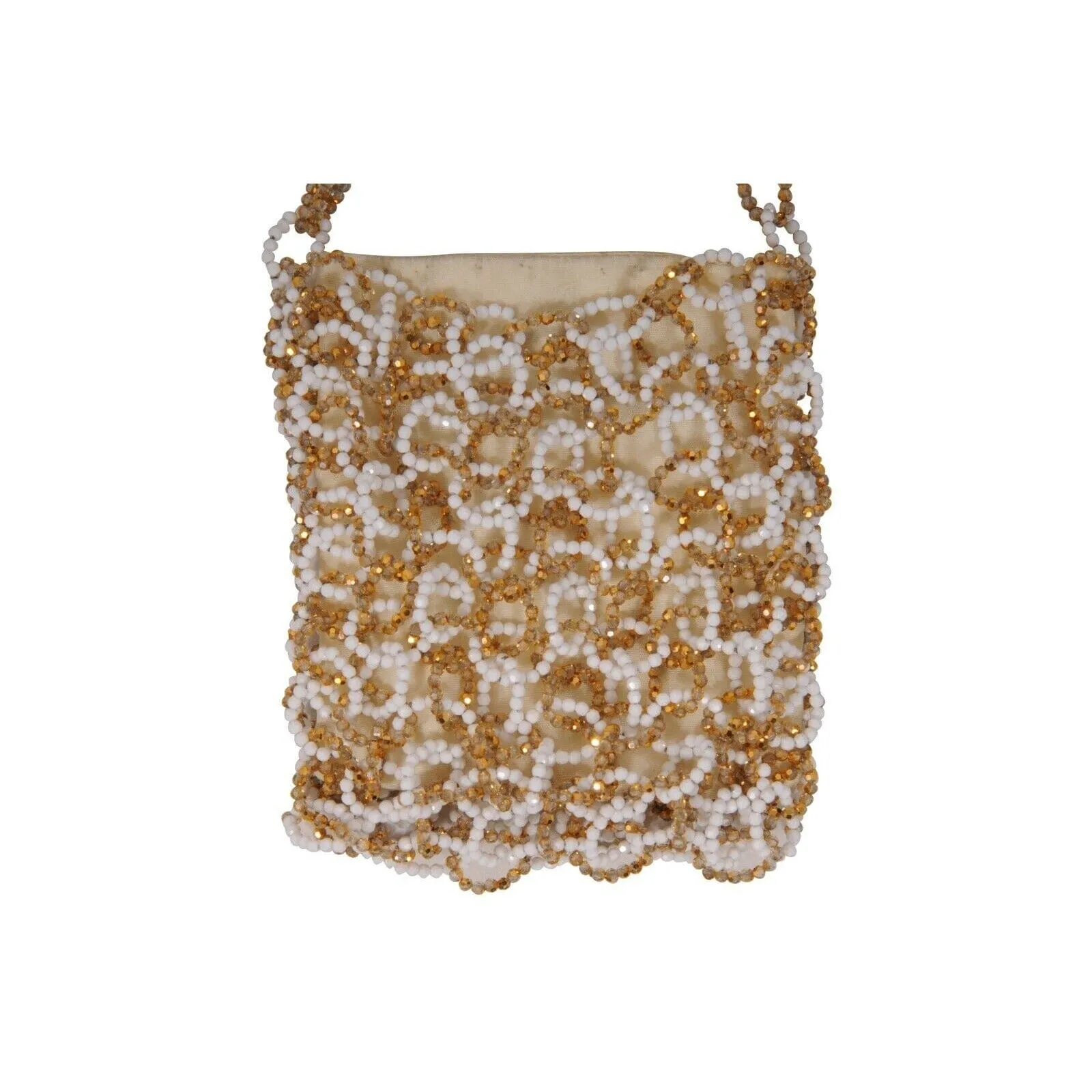 Gold White Beaded Vintage Mini Shoulder Tote Bag Purse