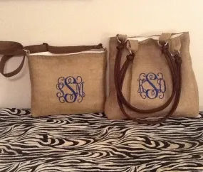 Handmade personalized Set of Mother Daughter Monogram Burlap shoulder Purses/Totes