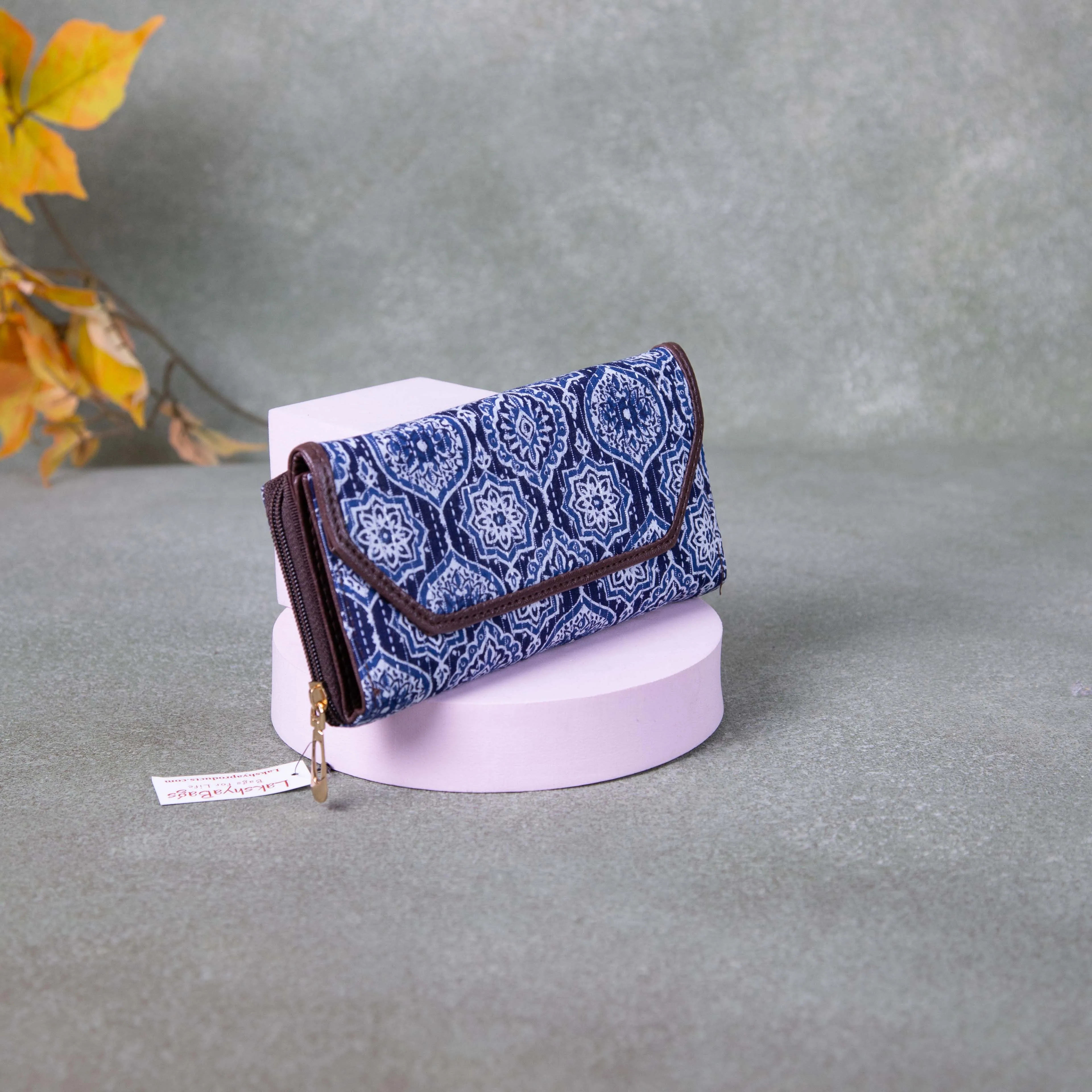 Handmade Wallets - Classic Blue Colour with White Big Flower Design