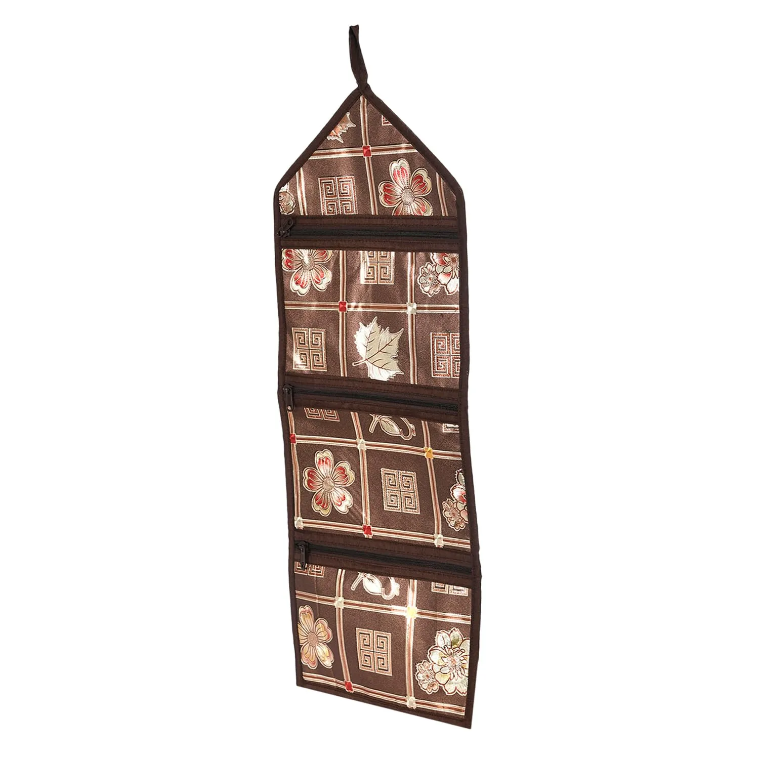 Heart Home Paper Holder | Foldable Hanging Organizer | PVC Shinning Check Pattern Document Holder | 3 Pocket Wall Hanging Holder with Zipper | Pack of 2 | Brown