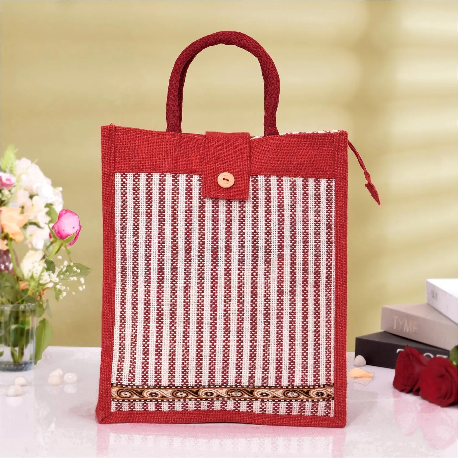 Heart Home Shopping Bag | Jute Carry Bag | Zipper Grocery Bag with Handle | Vegetable Bag with Top Flap | Reusable Shopping Bag | Lining-Grocery Bag | Medium | Red