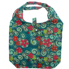 Heavy Duty Floral Print Teal Shopping Bag in Pocket Pouch