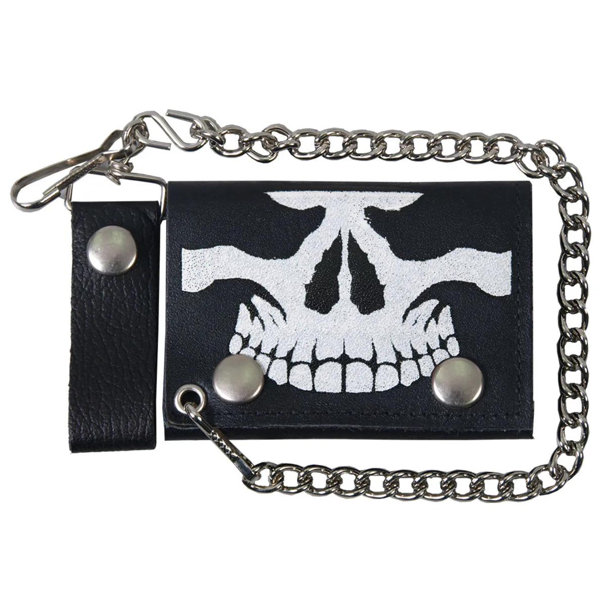 Hot Leathers WLB1010 Skull Black Leather Bi-Fold Wallet with Chain