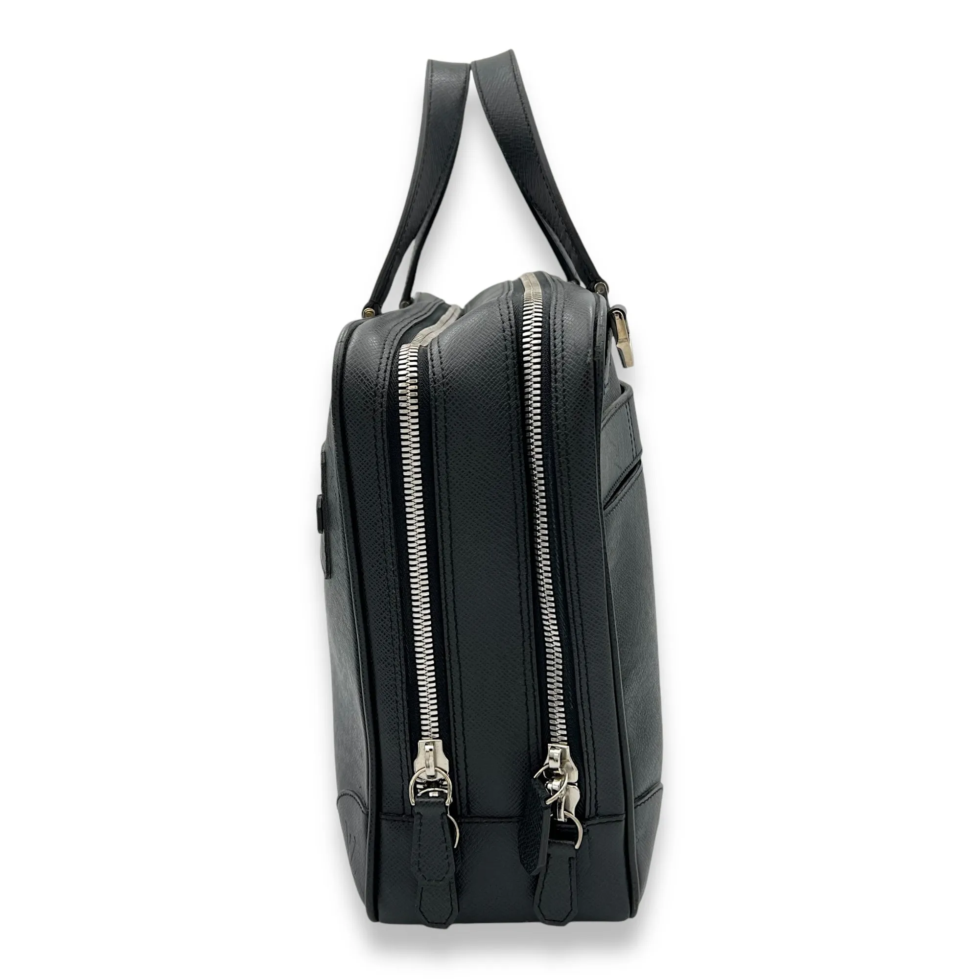 Igor Large Black Duffle Bag in Taiga Leather, Silver hardware