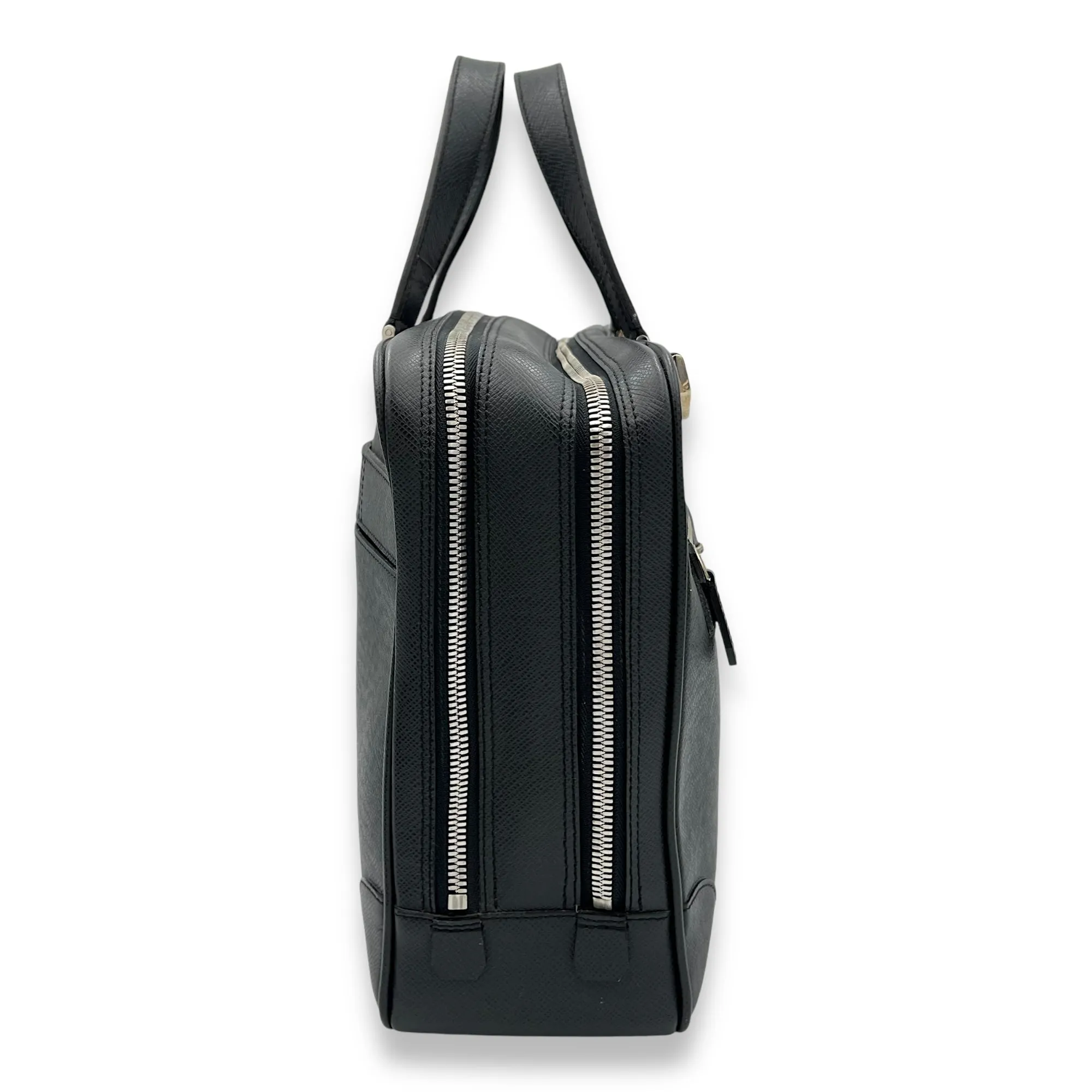 Igor Large Black Duffle Bag in Taiga Leather, Silver hardware