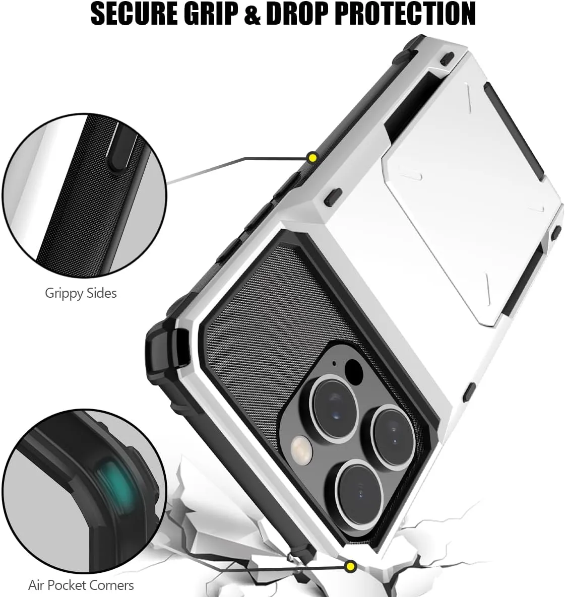 iPhone 16 Pro Case Card Holder Heavy Duty Dual Layer Shockproof Wallet Case with Hidden Card Slot Large Storage Cover White