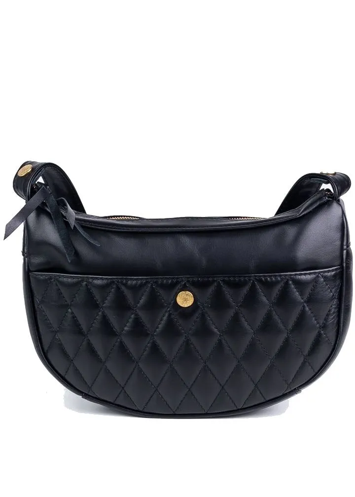 Iron Heart Leather Diamond Stitched Shoulder Bag Black with Black Stitch