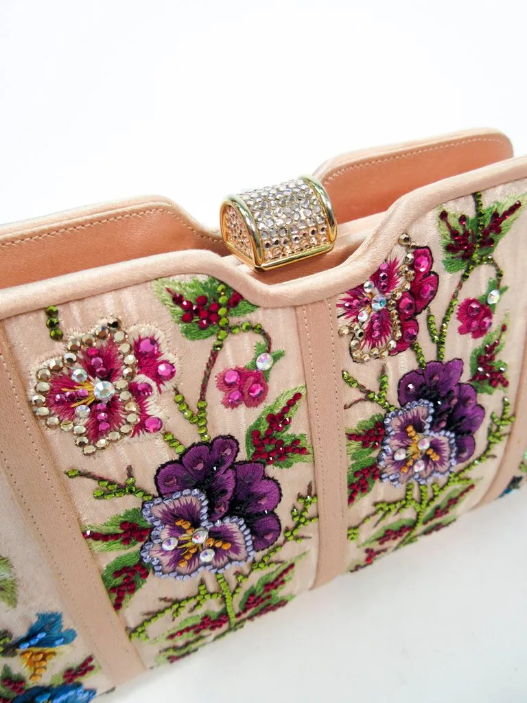 JUDITH LEIBER Peach Satin Rhinestone Embroidered Purse