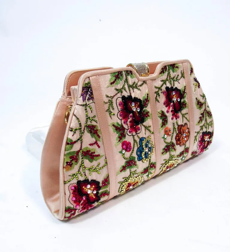 JUDITH LEIBER Peach Satin Rhinestone Embroidered Purse