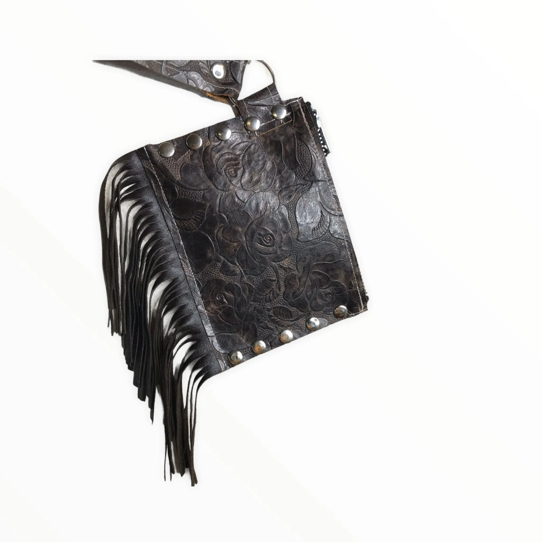 “La Rosa” Fringe Leather Wristlet Clutch Leather Embossed Roses