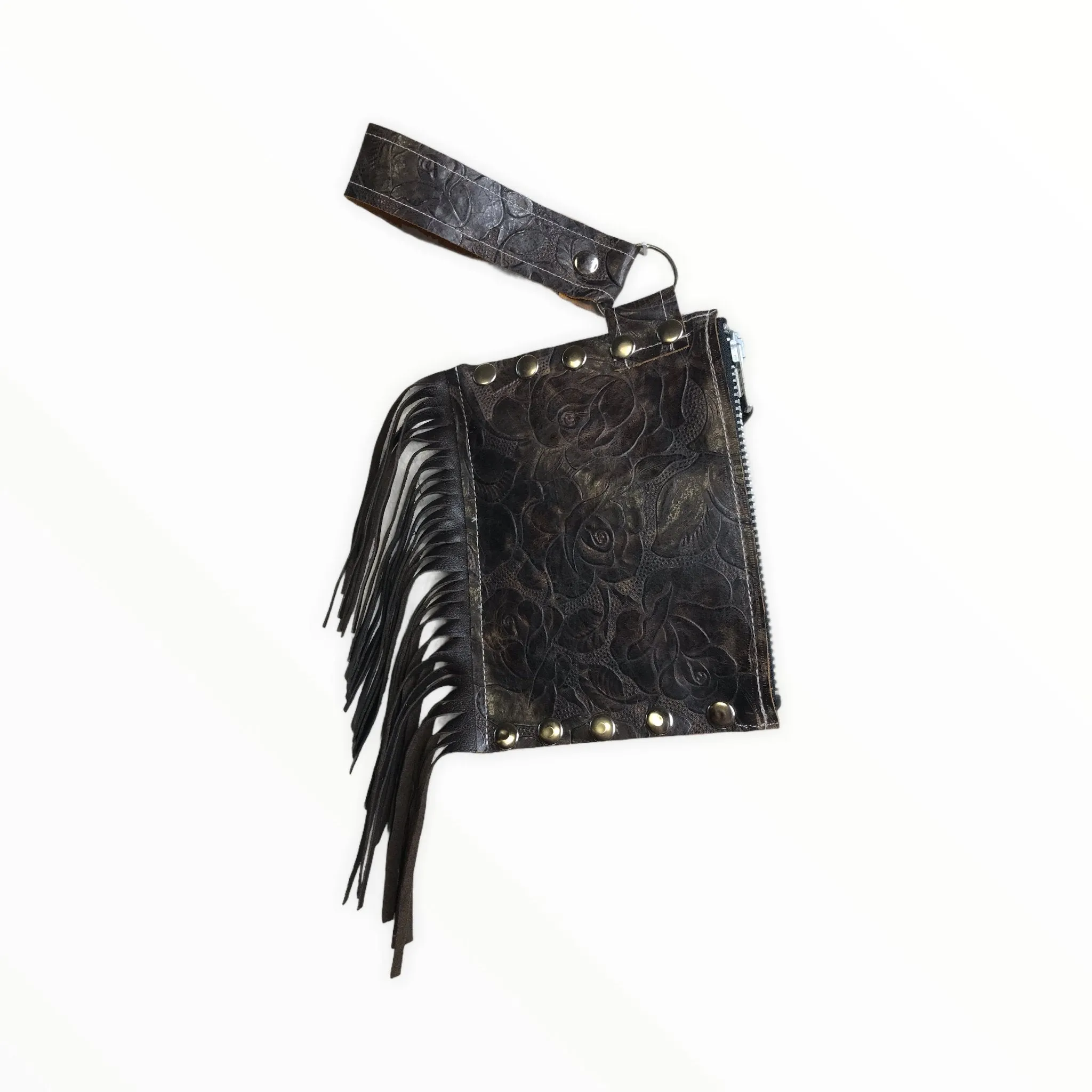 “La Rosa” Fringe Leather Wristlet Clutch Leather Embossed Roses