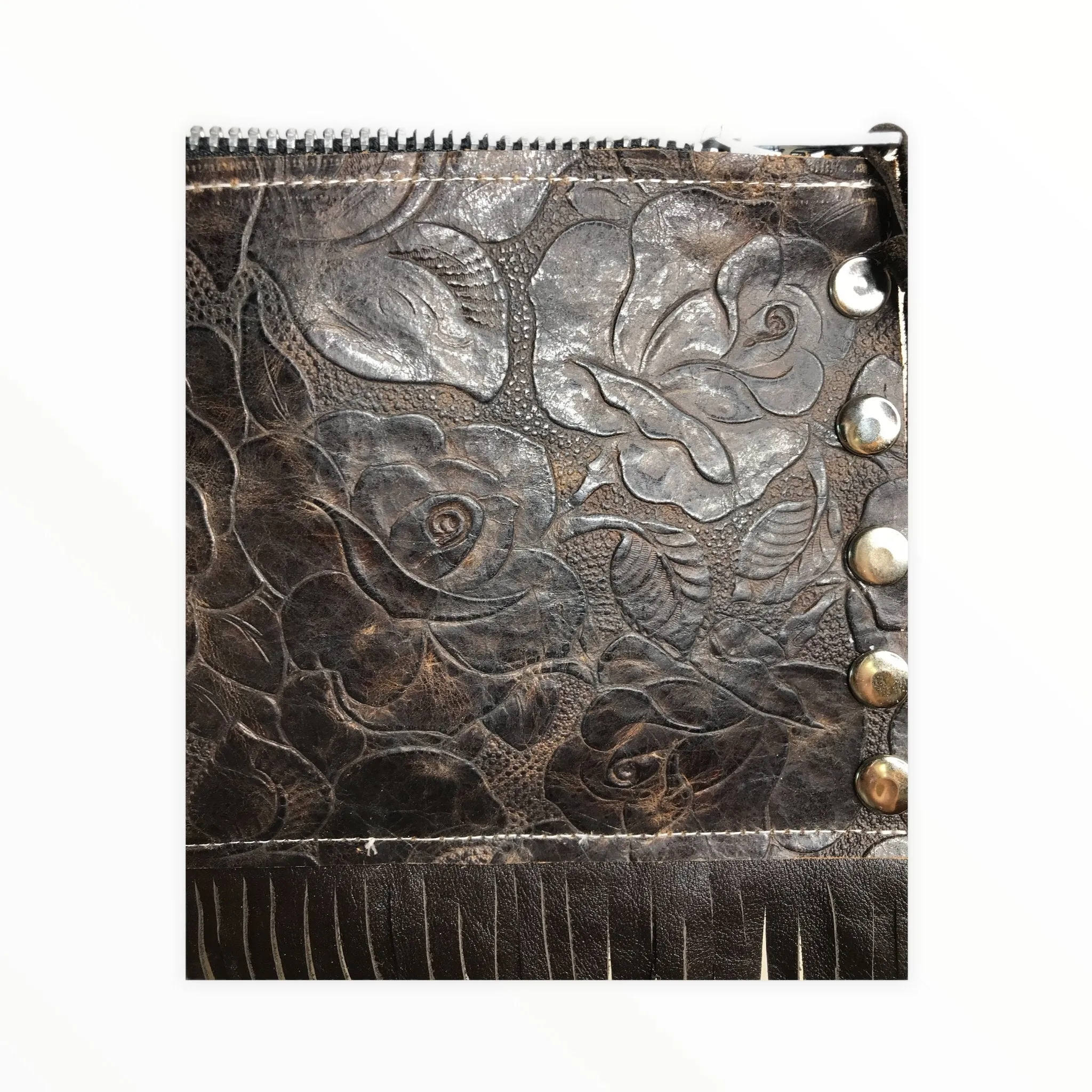 “La Rosa” Fringe Leather Wristlet Clutch Leather Embossed Roses