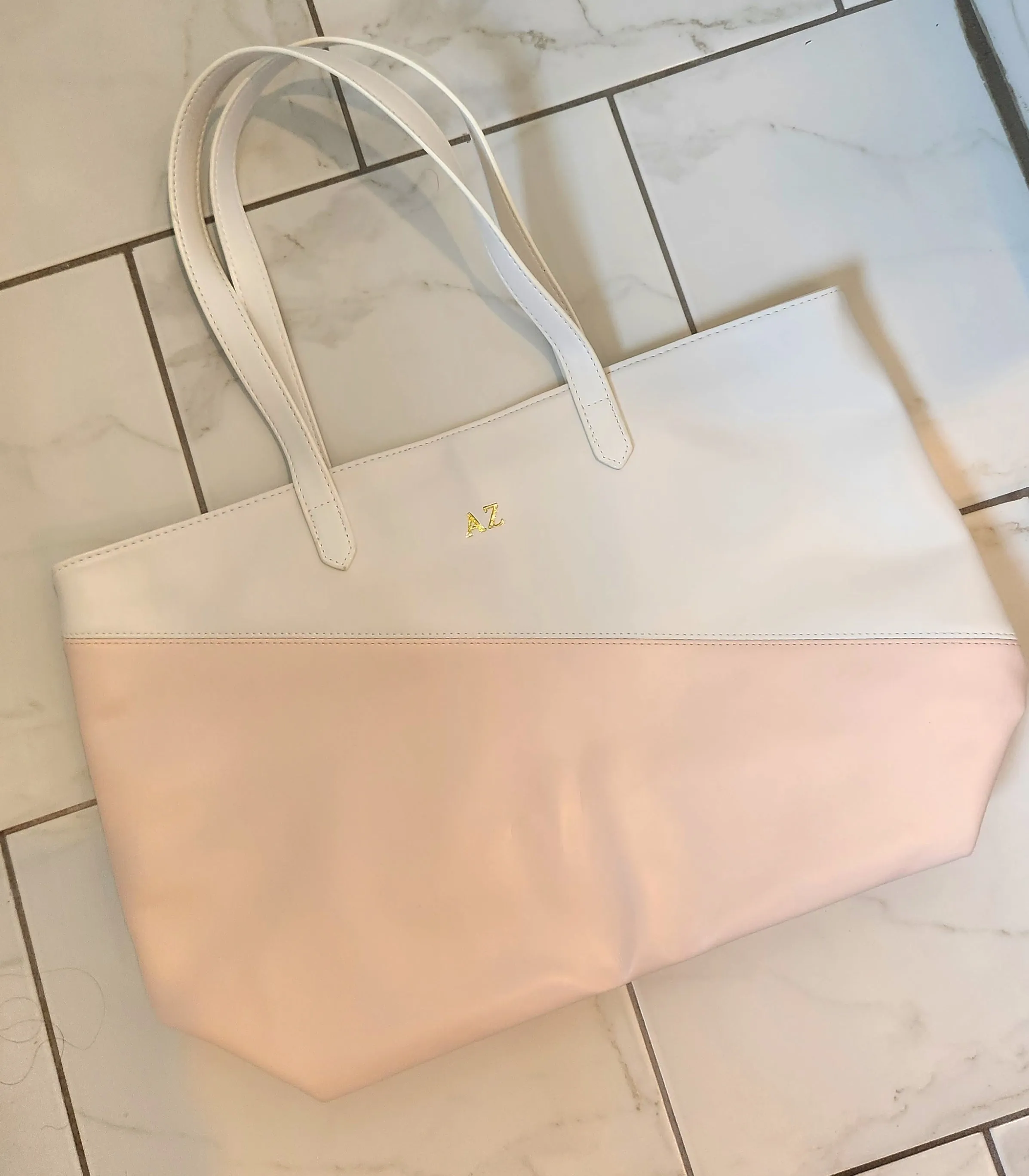 Large Blush Pink & White Faux Leather Color Block Tote Bag