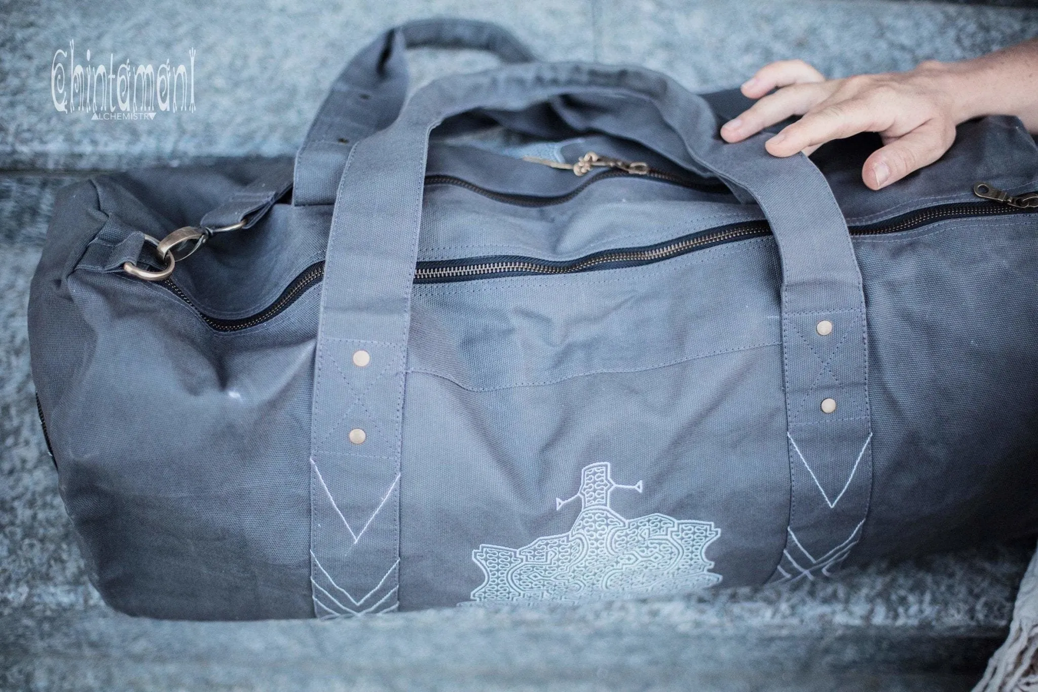 Large Cotton Canvas Travel Duffle Bag / Gym Bag / Shipibo / Dark Grey