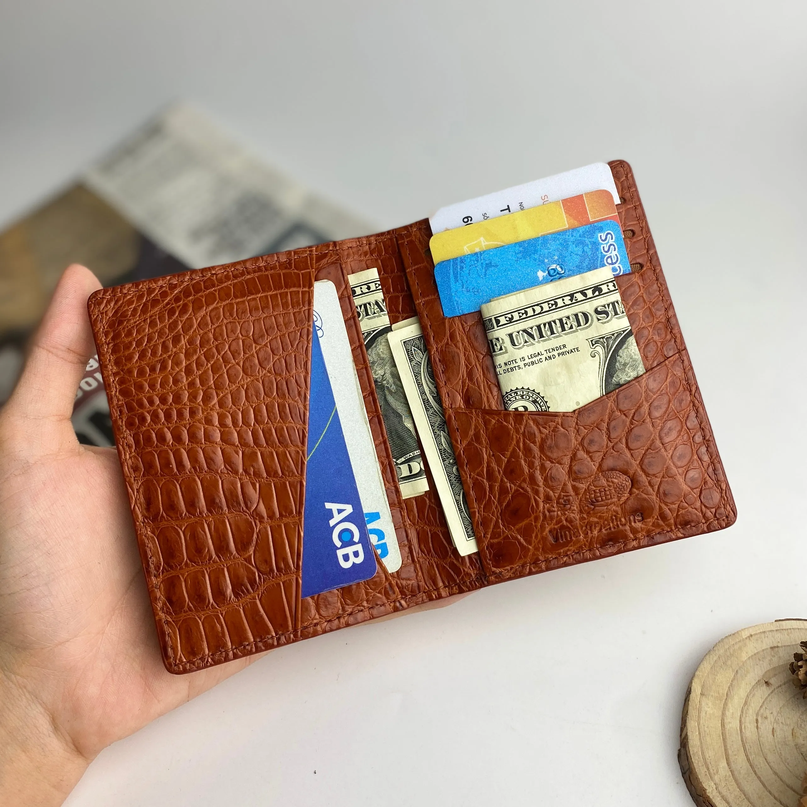 Light Brown Alligator Leather Bifold Credit Card Holder Double Side Crocodile | RFID Blocking | LIGHT-CARD-15