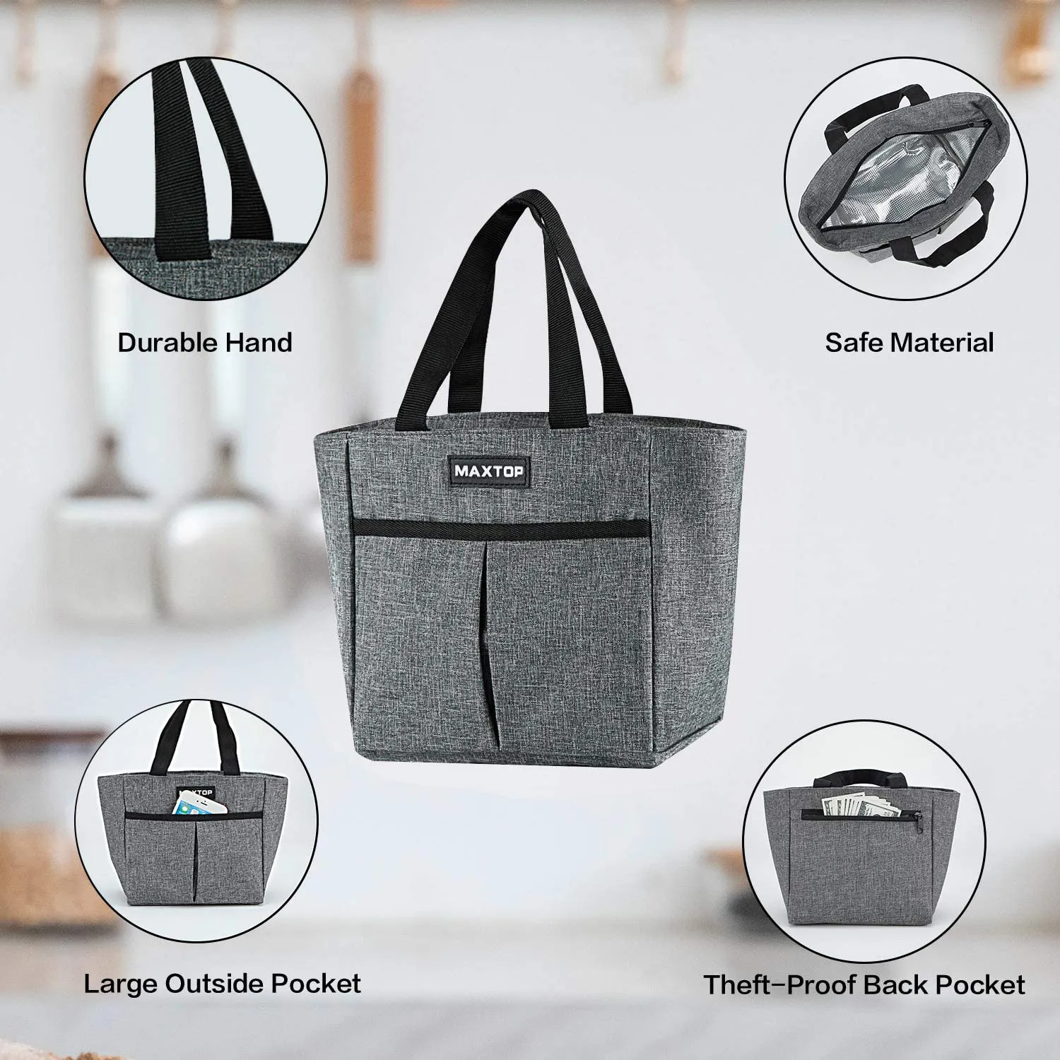 MAXTOP Lunch Bags for Women,Insulated Thermal Lunch Tote Bag,Lunch Box with Front Pocket for Office Work Picnic Shopping (Light Grey, Large)