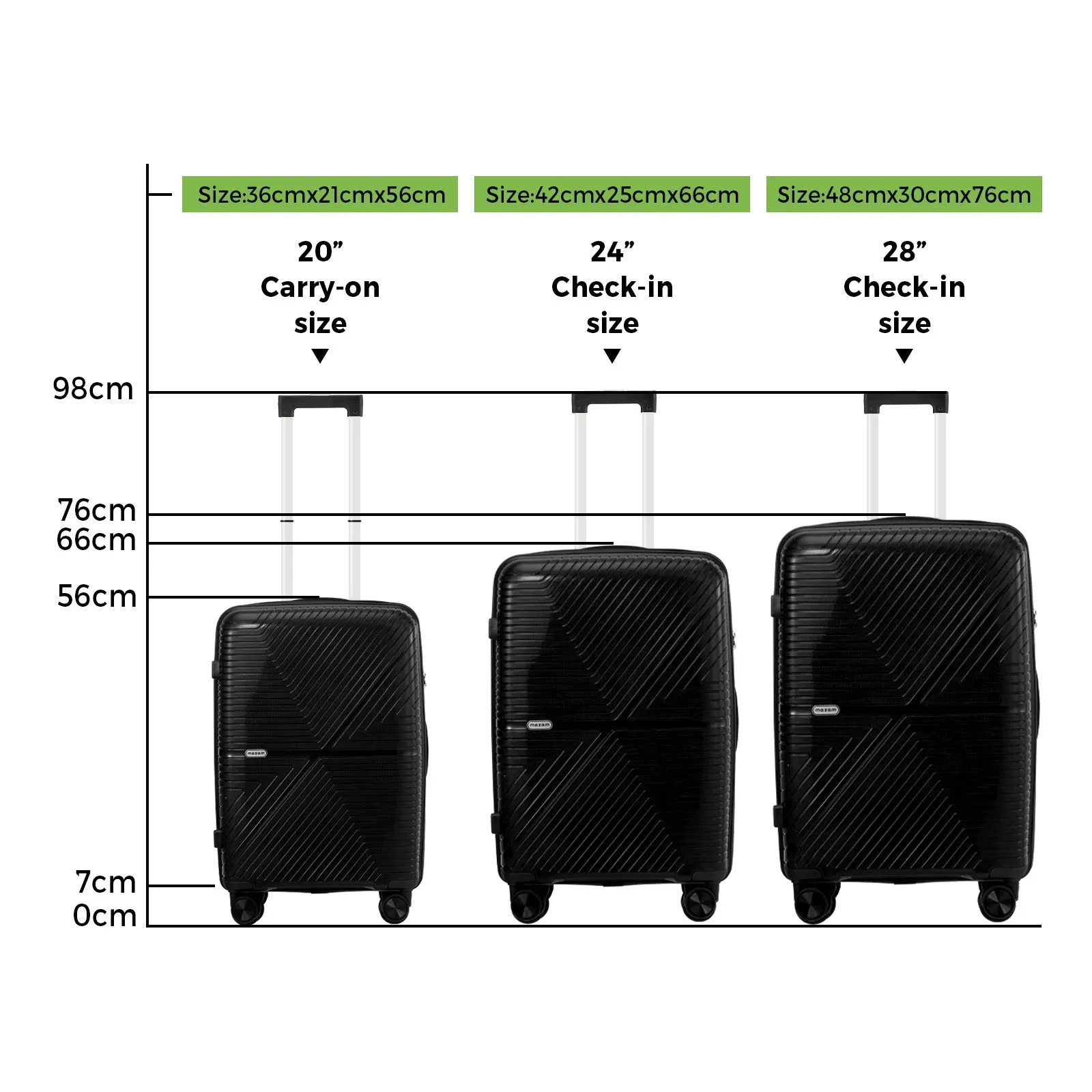 Mazam 3PCS Luggage Suitcase Trolley Set Travel Black PP Case TSA Lock Storage