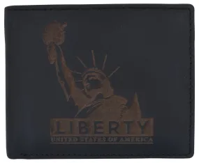 Mens RFID Blocking Cowhide Leather Bifold Wallet Statue of Liberty Logo /53HTC Statue Liberty