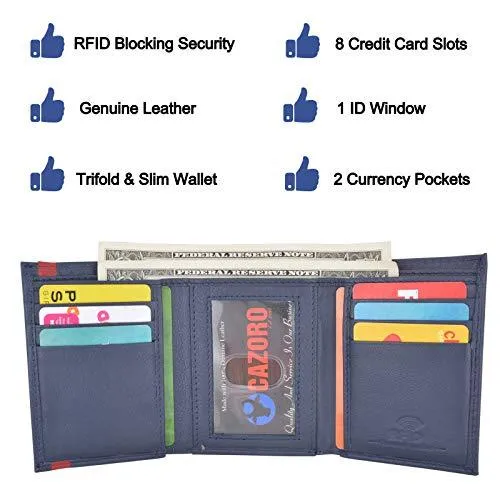 Men's Soft Premium Leather RFID Trifold Wallet Sleek & Slim ID Window Credit Card Holder Navy Blue RFID611289