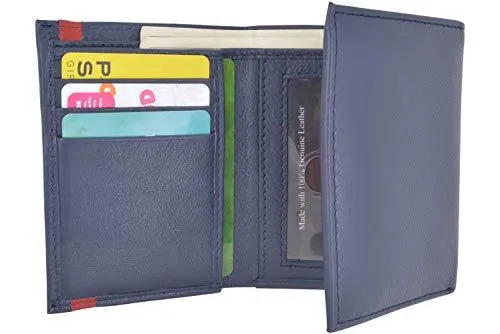 Men's Soft Premium Leather RFID Trifold Wallet Sleek & Slim ID Window Credit Card Holder Navy Blue RFID611289