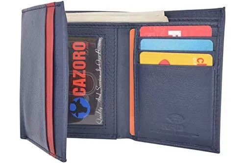 Men's Soft Premium Leather RFID Trifold Wallet Sleek & Slim ID Window Credit Card Holder Navy Blue RFID611289