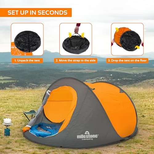 Milestone Camping 18819 Pop Up Tent/Sleeps 2 People/Water Resistant/Portable Carry Bag Included/Double Zipper Door / 100cm x 150cm x 245cm