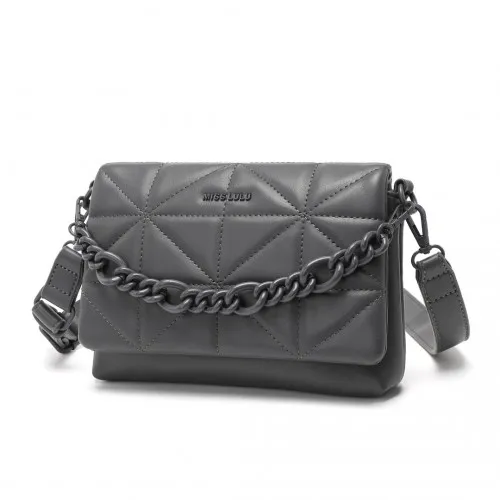 Miss Lulu Chic Quilted Grey Shoulder Bag with Chain Strap - Elegant & Stylish Handbag for Any Occasion