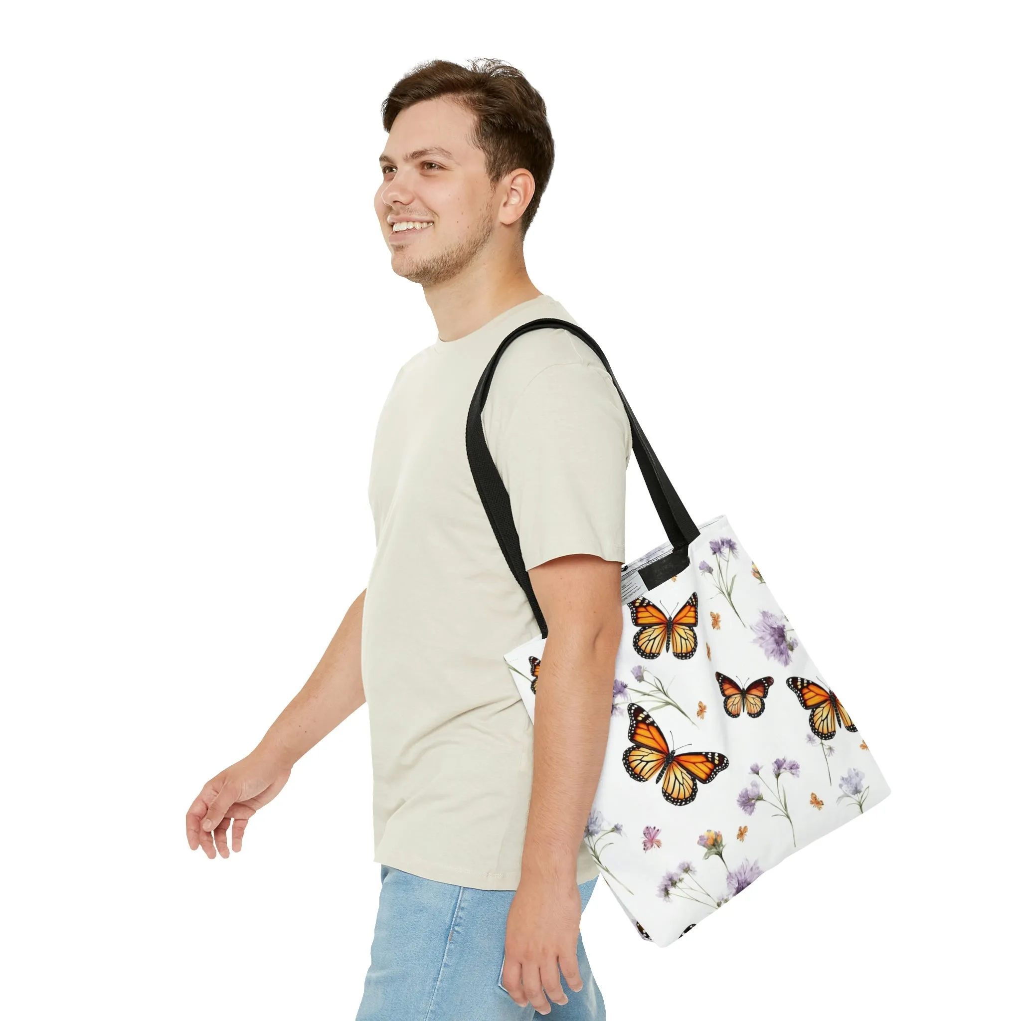 Monarch Butterfly Tote Bag, Purple Flowers Floral Cute Canvas Shopping Small Large Travel Reusable Aesthetic Shoulder Bag