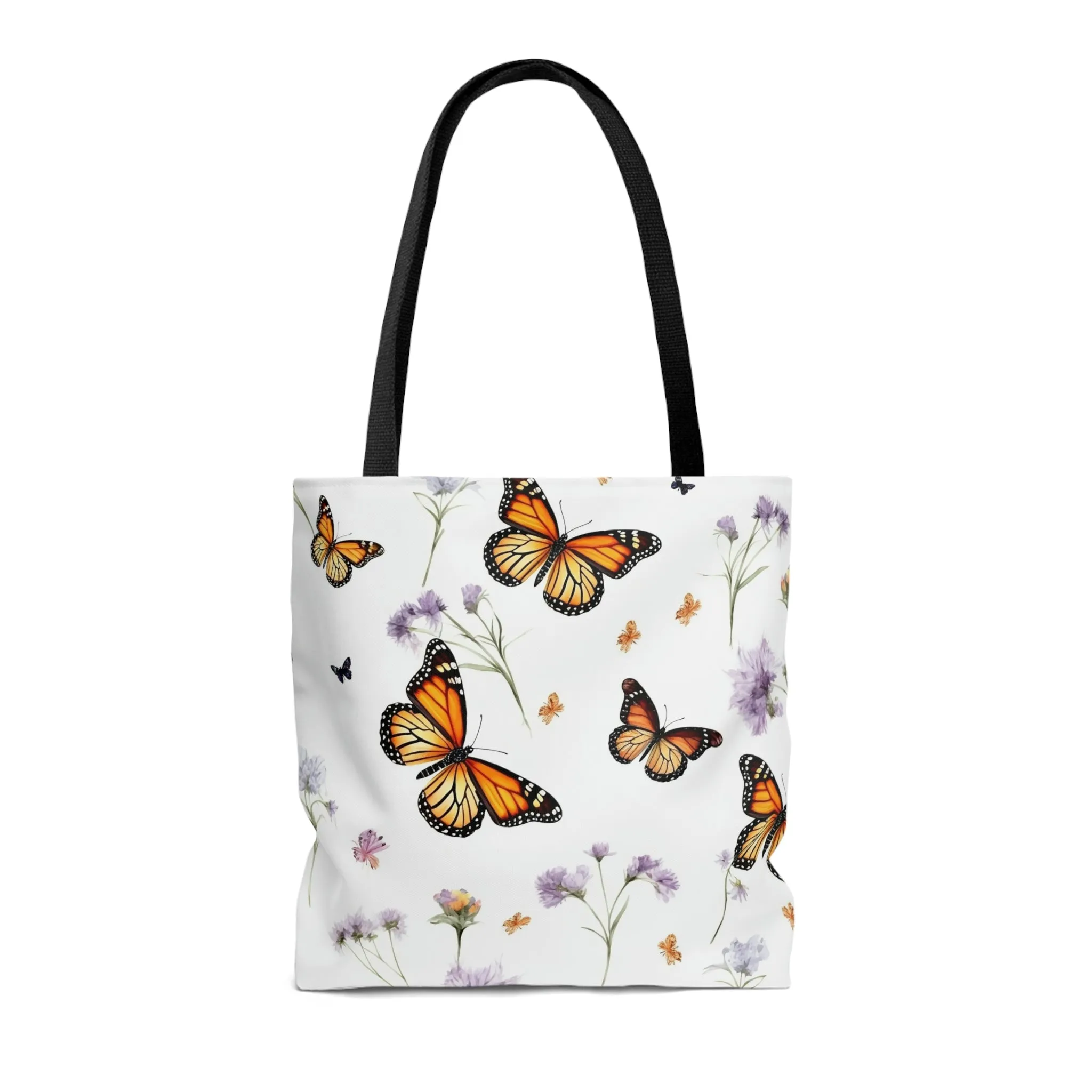 Monarch Butterfly Tote Bag, Purple Flowers Floral Cute Canvas Shopping Small Large Travel Reusable Aesthetic Shoulder Bag