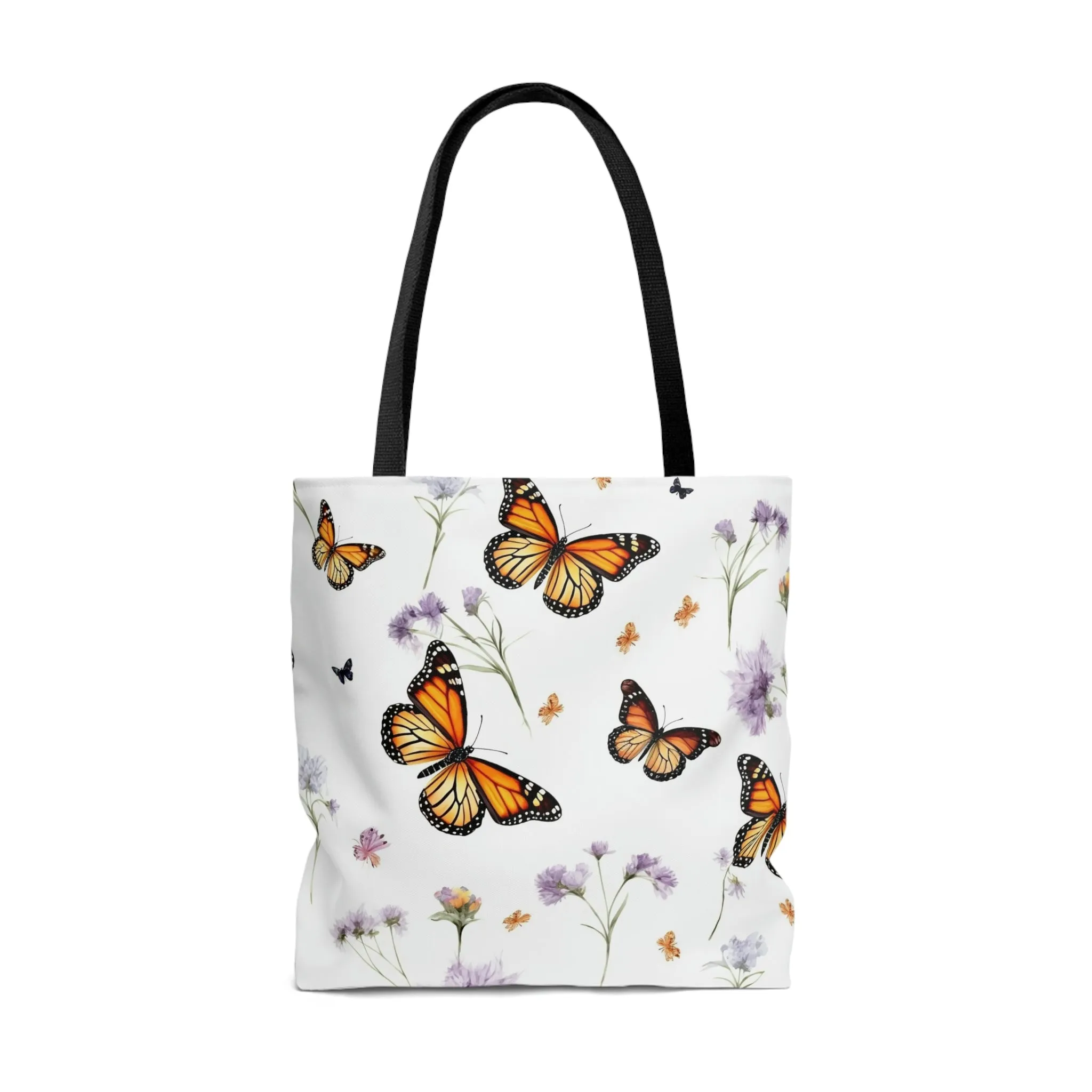 Monarch Butterfly Tote Bag, Purple Flowers Floral Cute Canvas Shopping Small Large Travel Reusable Aesthetic Shoulder Bag