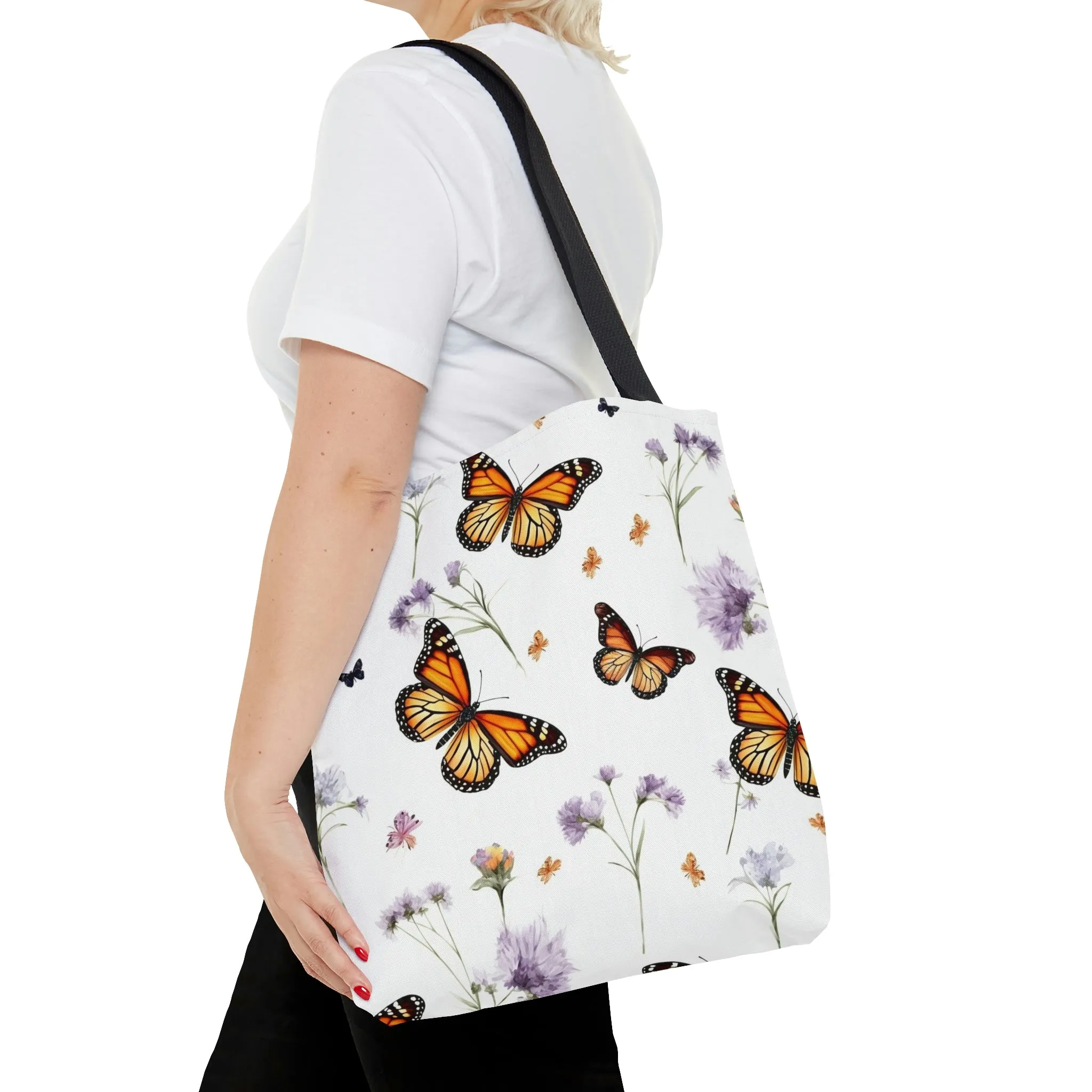 Monarch Butterfly Tote Bag, Purple Flowers Floral Cute Canvas Shopping Small Large Travel Reusable Aesthetic Shoulder Bag