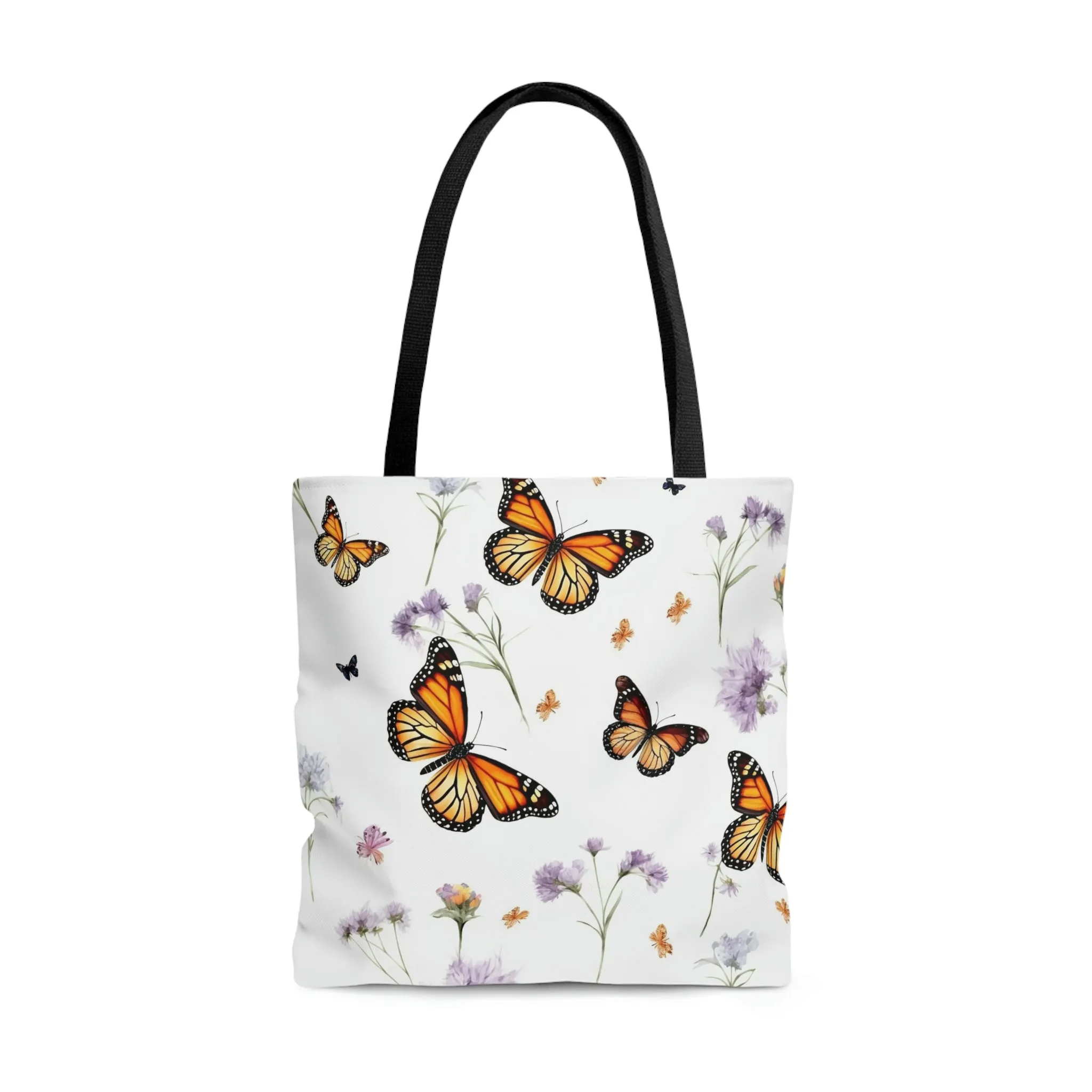 Monarch Butterfly Tote Bag, Purple Flowers Floral Cute Canvas Shopping Small Large Travel Reusable Aesthetic Shoulder Bag