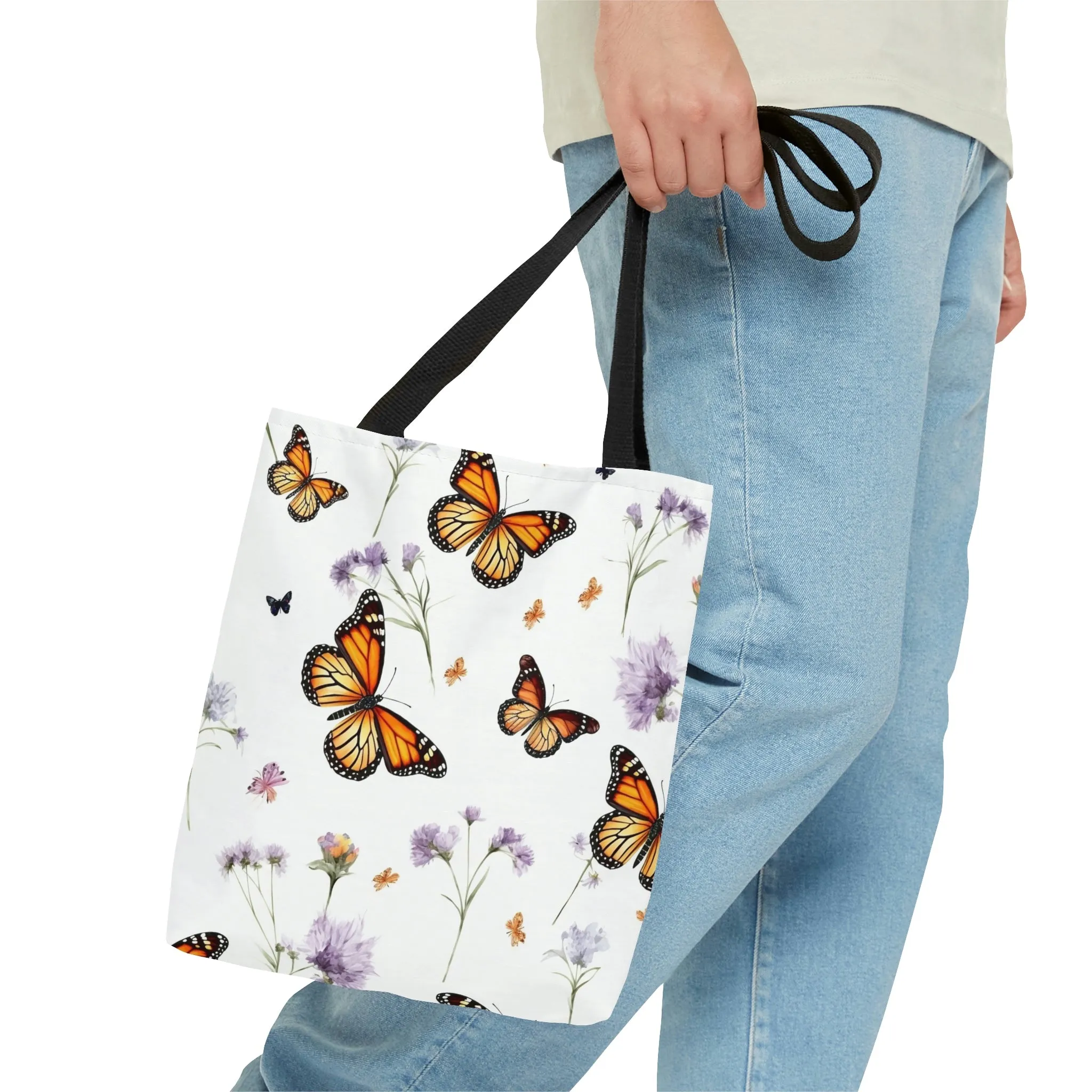 Monarch Butterfly Tote Bag, Purple Flowers Floral Cute Canvas Shopping Small Large Travel Reusable Aesthetic Shoulder Bag