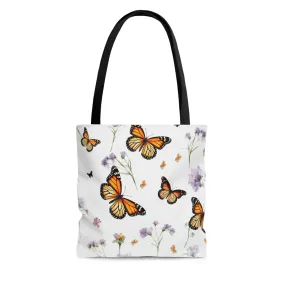 Monarch Butterfly Tote Bag, Purple Flowers Floral Cute Canvas Shopping Small Large Travel Reusable Aesthetic Shoulder Bag