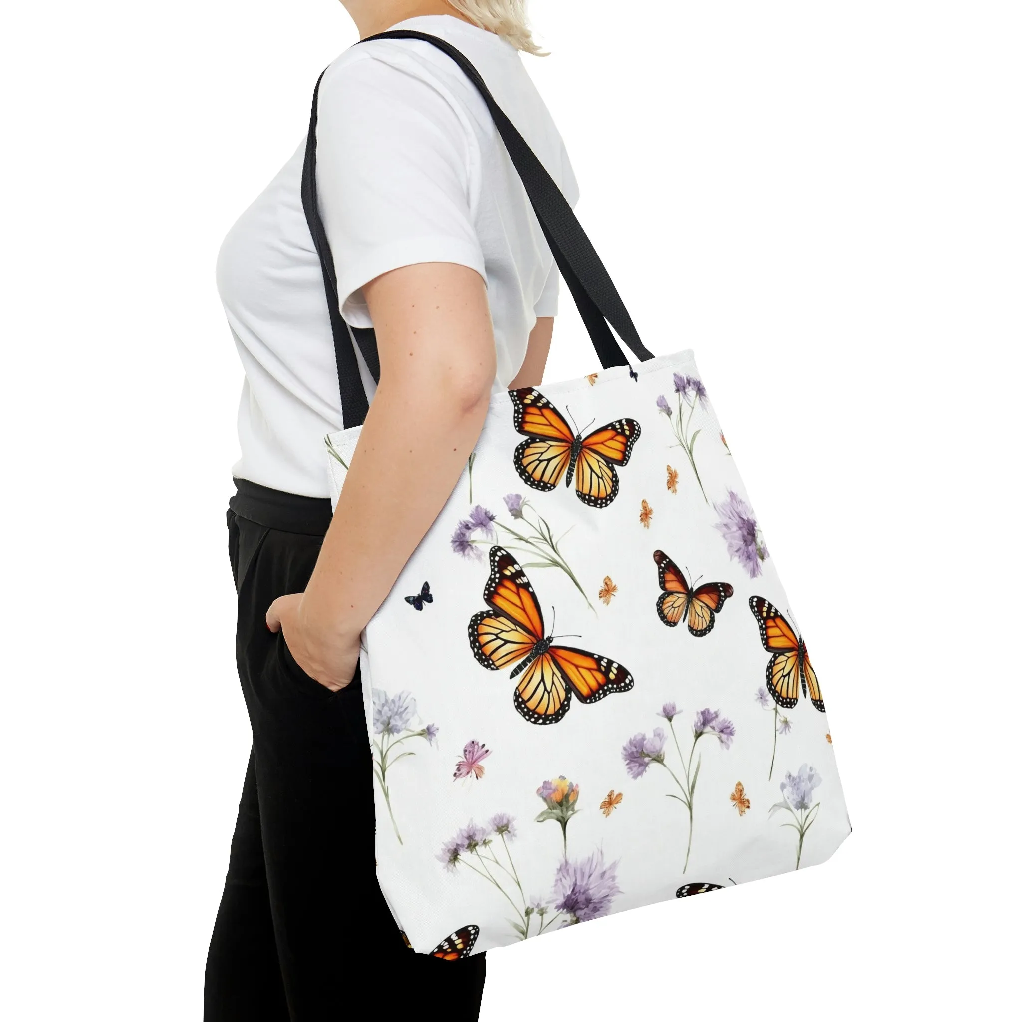 Monarch Butterfly Tote Bag, Purple Flowers Floral Cute Canvas Shopping Small Large Travel Reusable Aesthetic Shoulder Bag