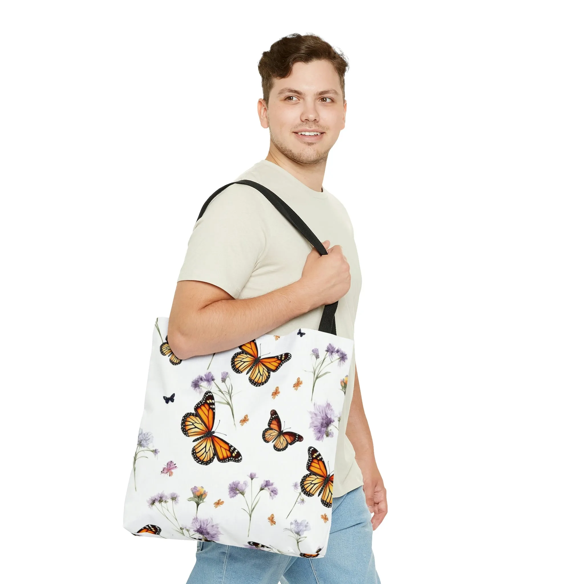 Monarch Butterfly Tote Bag, Purple Flowers Floral Cute Canvas Shopping Small Large Travel Reusable Aesthetic Shoulder Bag