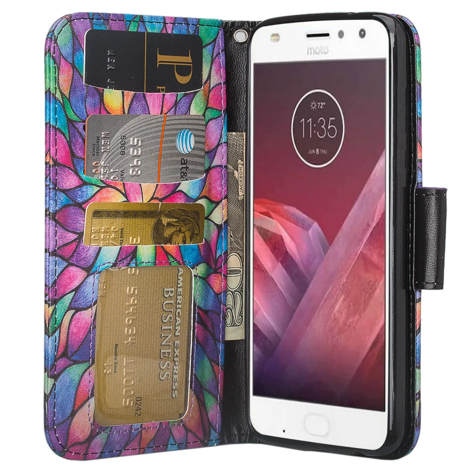 Motorola Moto Z2 Play Case, Moto Z2 Play Wallet Case, Slim Flip Folio [Kickstand] Pu Leather Wallet Case with ID & Card Slots & Pocket   Wrist Strap - Rainbow Flower