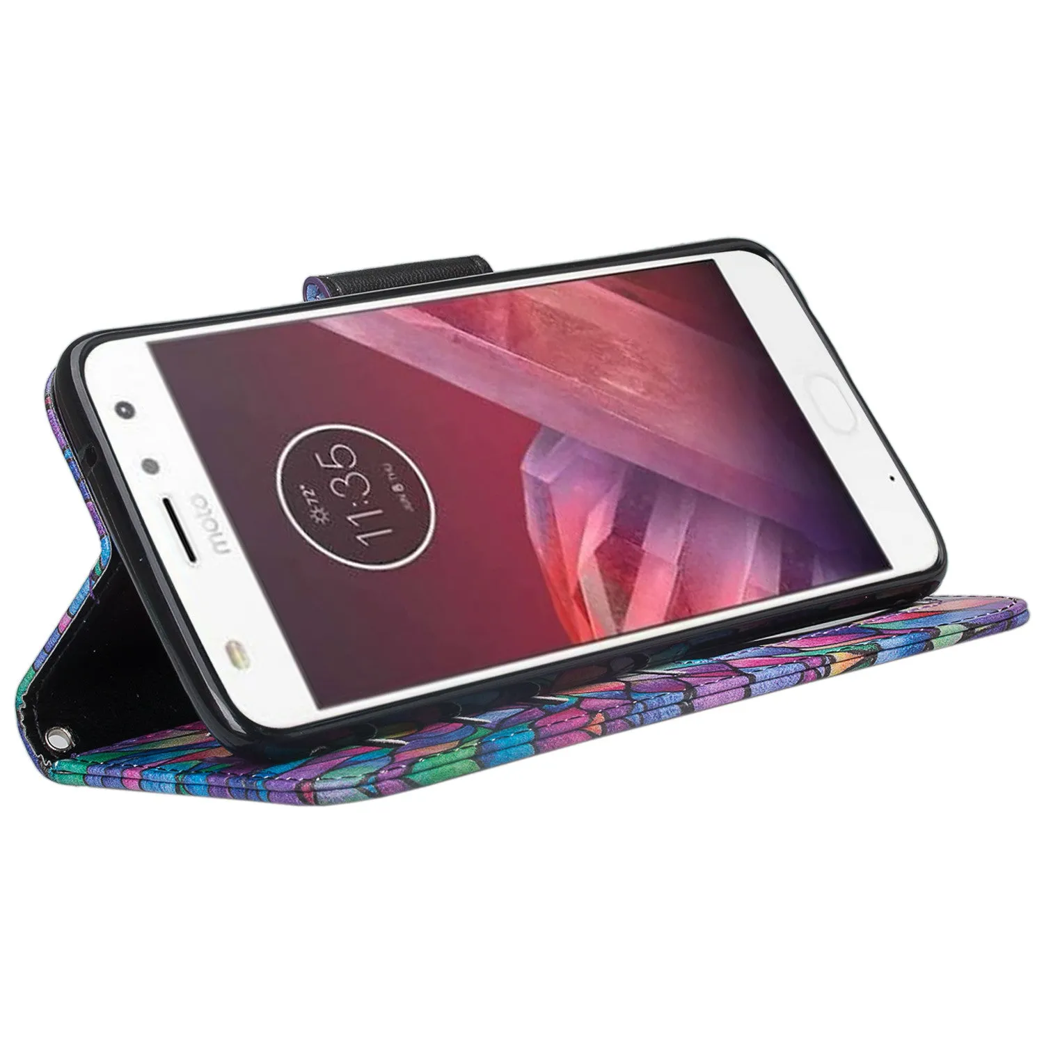 Motorola Moto Z2 Play Case, Moto Z2 Play Wallet Case, Slim Flip Folio [Kickstand] Pu Leather Wallet Case with ID & Card Slots & Pocket   Wrist Strap - Rainbow Flower