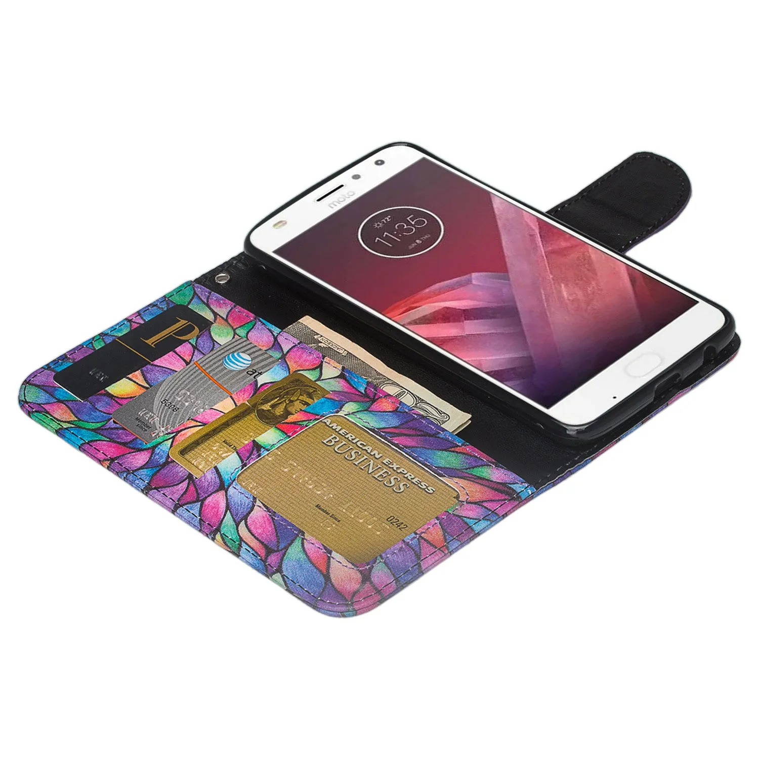 Motorola Moto Z2 Play Case, Moto Z2 Play Wallet Case, Slim Flip Folio [Kickstand] Pu Leather Wallet Case with ID & Card Slots & Pocket   Wrist Strap - Rainbow Flower