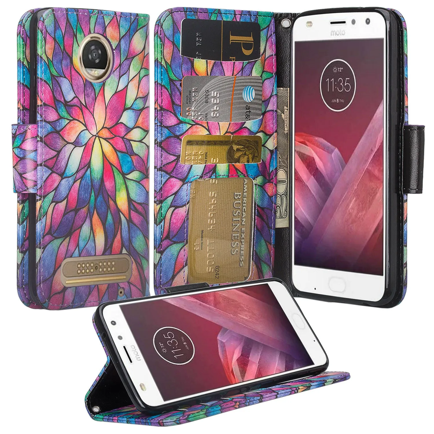 Motorola Moto Z2 Play Case, Moto Z2 Play Wallet Case, Slim Flip Folio [Kickstand] Pu Leather Wallet Case with ID & Card Slots & Pocket   Wrist Strap - Rainbow Flower