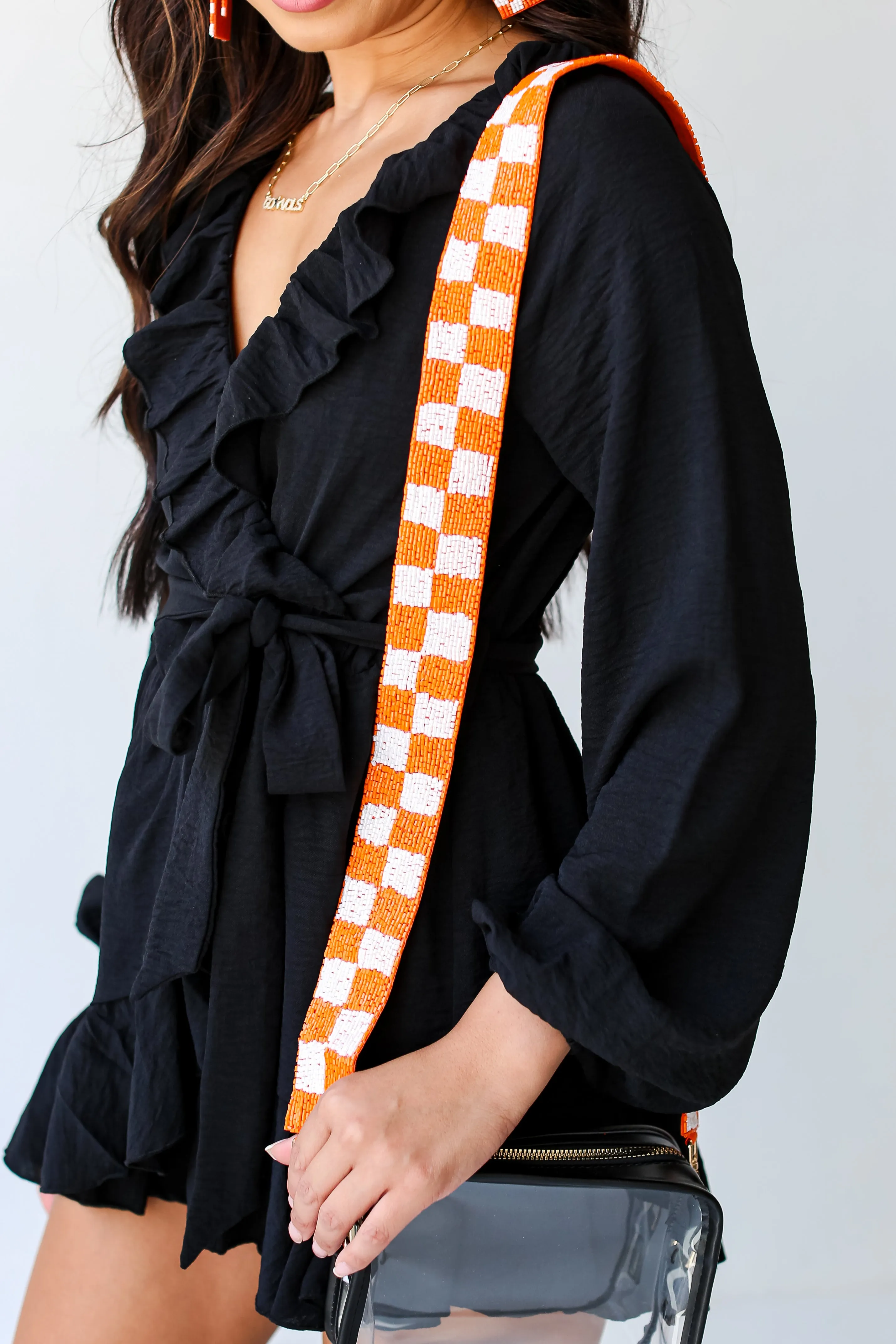 Orange   White Checkered Beaded Purse Strap