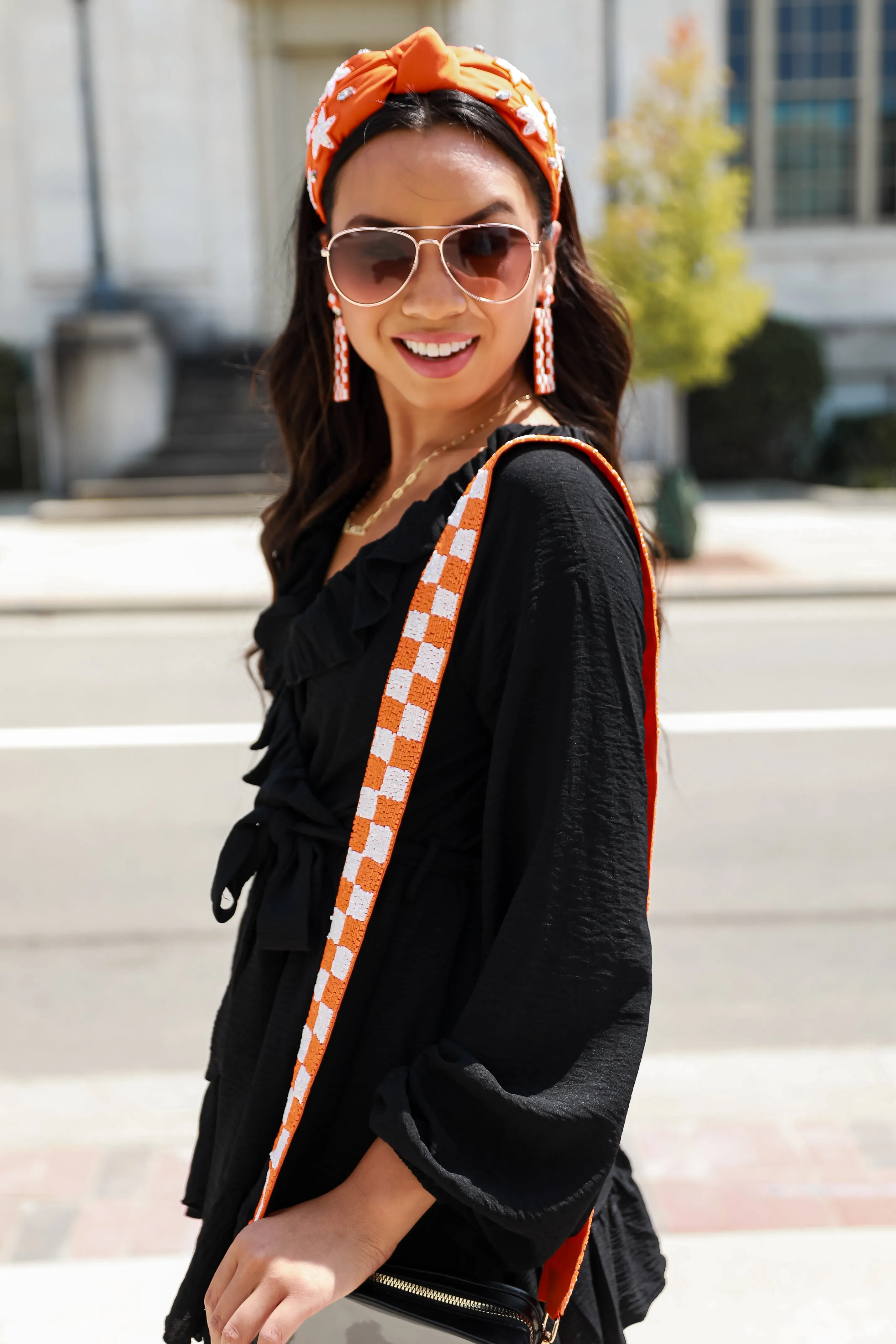 Orange   White Checkered Beaded Purse Strap