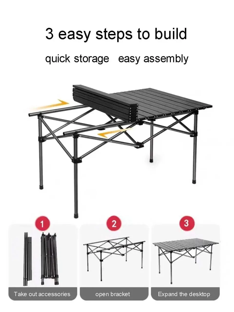 Outdoor Folding Long Table Portable Storage Black Camping Desk Barbecue Easy To Install With Net Bag Light Stable Desk Table